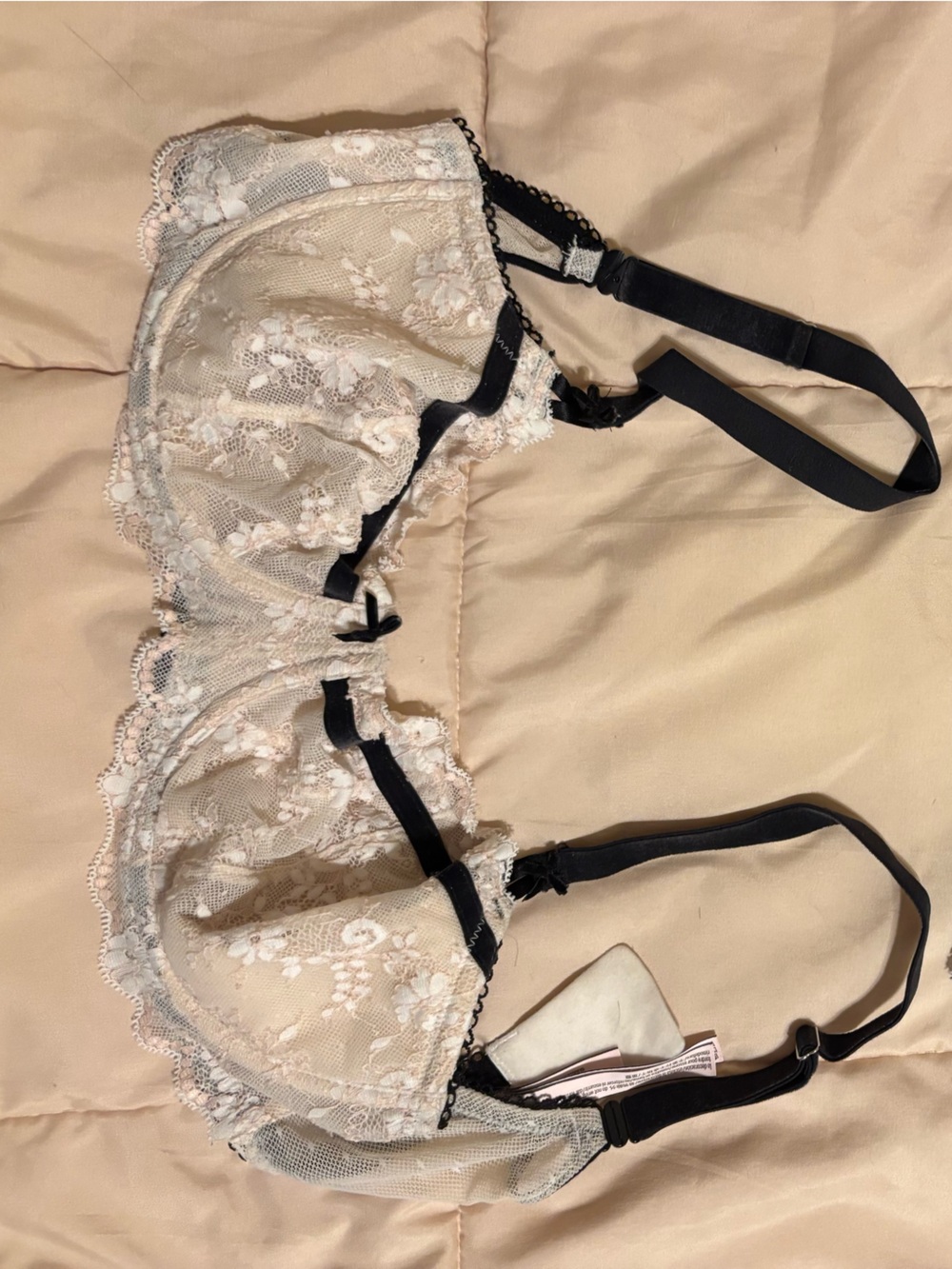 Victoria's Secret Cream Lace Balconette Bra with Black Trim